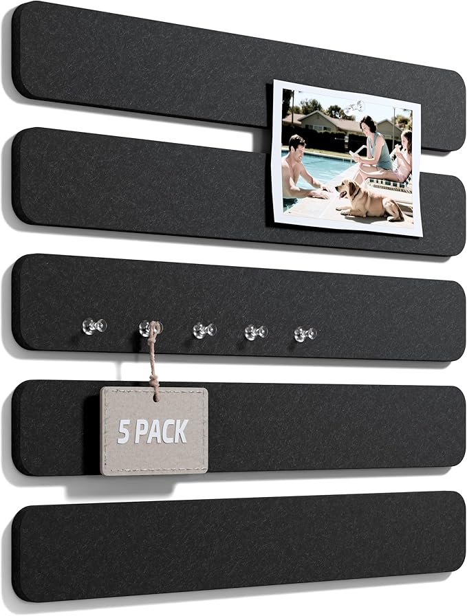 Fluxynara Cork Board Alternative Felt Strip Board 5-Pack 13"x2", Office Pin Board with 35 Push Pins, Adhesive Install for Bedroom Door & Home Office(Black)