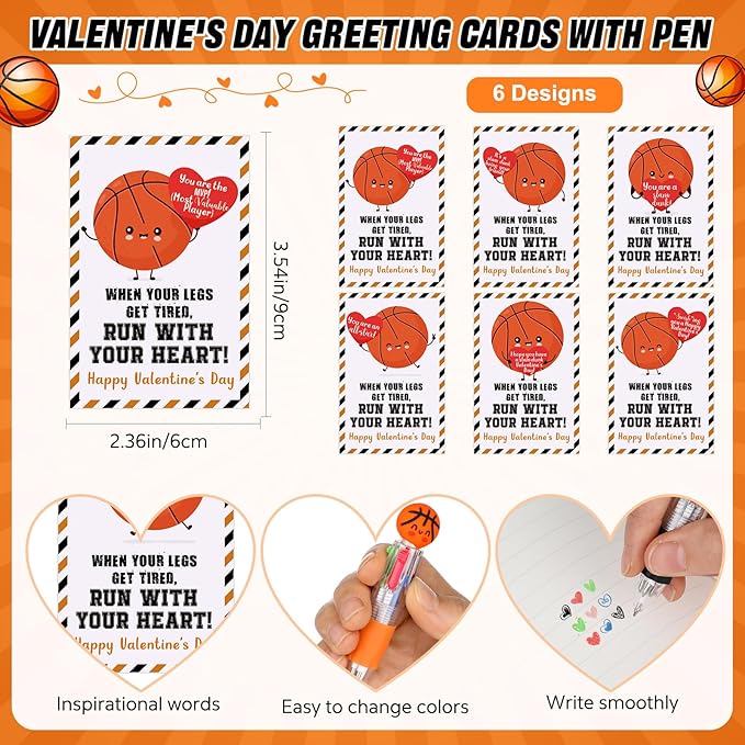 Colarr 24 Set Basketball Valentines Gifts Multicolor Pens with Positive Cards for Valentines Day Party Favors Classroom Prizes Students Basketball Team Goodie Bags Stuffers 4 in 1 Ballpoint Pens