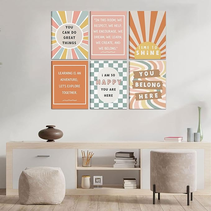 6Pcs Boho Inspirational Canvas Wall Art Positive Affirmations Growth Mindset Posters Wall Decor Pictures Modern Classroom School Posters Wall Prints for Children's Room nursery School 8x10in