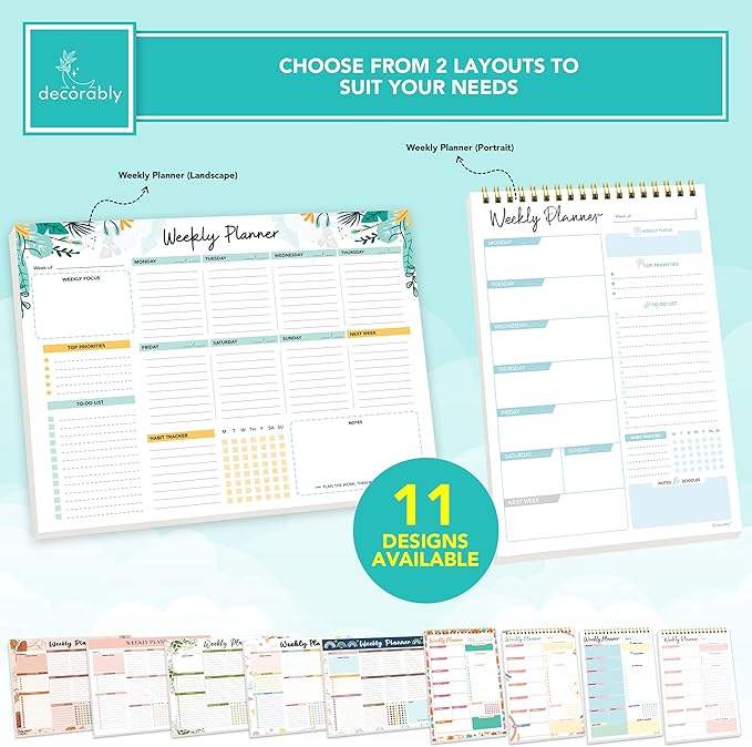 Decorably 52 Sheets Blue Undated Weekly Planner Notepad Small - 6.5x10in Spring-Bound, Easy Tear-Off Design, with Focus, Priorities, to-do List, Habit Tracker, Notes and Doodles - Home, School, Office