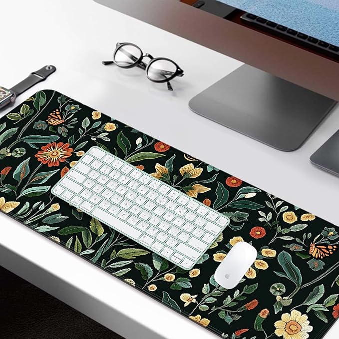 Floral Gaming Desk Mat, Computer Keyboard Large Extended Long Flower Plants Mouse Pad for Office and Home, XL (W19)