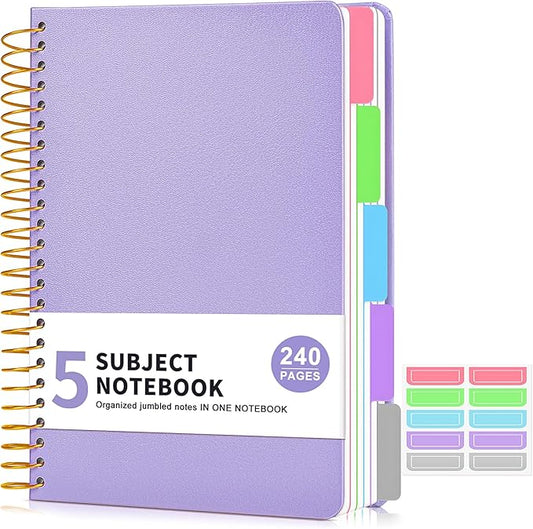 5 Subject Notebook College Ruled, A5 Hardcover Spiral Notebook with Removable Pocket Dividers Tabs, 240 Pages Lined Spiral Journal Notebook for Women, 6x8.5 Notebooks for Work School Note taking purple