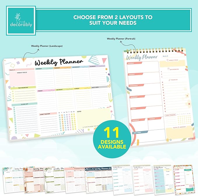 Decorably 52 Sheets Colorful Pastel Undated Weekly to Do List Notepad - 6.5x10" Spring-Bound Planner Pad, Easy Tear-Off, for Priorities, to-Do List, Habit Tracker, Focus & Notes - Home, School, Office