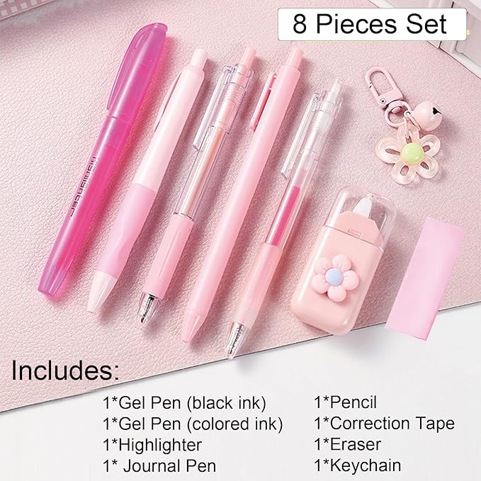 8 Pcs Cute Pink Stationery Set for Girls Boys Kids Women Back to School Supplies Office Supplies Kawaii Candy Colors Stationery Gift (Pink)
