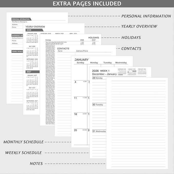 2026 Planner, Weekly ＆ Monthly Planner 2026, Jan 2026 – Dec 2026, 6.2" x 8.42", Flexible Cover, 12 Monthly Tabs, Thick Paper, Spiral Wirebound, Inner Pocket, Watercolor Flowers