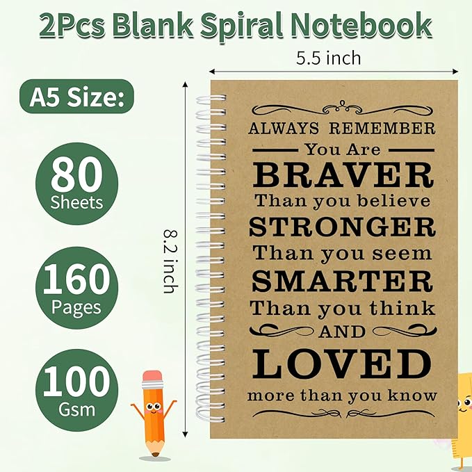 2Pcs Blank Spiral Notebook,Inspirational Gifts A5 Hardcover Sketch Book,Art Sketchbook for Drawing, Unlined, Plain Sketch Book for Women Men Work Writing,160 Pages (2, Blank Page Brown)