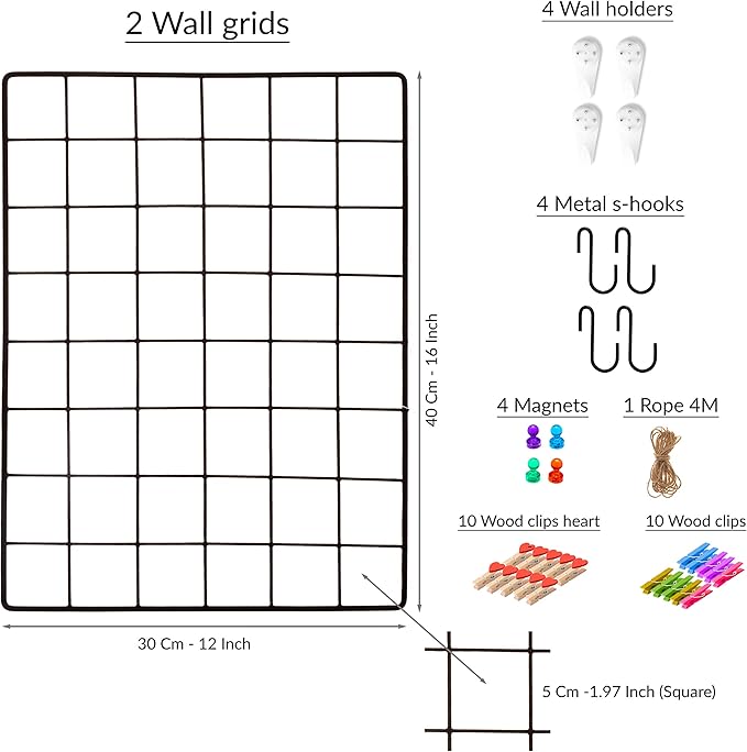 ODOXIA 2 Pack Wire Wall Grid Panel | Photos & Pictures Display Grid Wall Panels | Black, Magnetic & Metal Grid | Photo Grid Wire Board | Hanging Home, Office & Kitchen Decor
