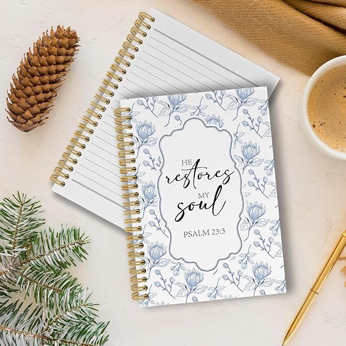 Pugwak Christian Journal Notebook - Blue FLower Bible Verse Religious Scripture Notebooks College Ruled for Work School, Gifts for Women, Office Supplies, Hardcover Spiral Notebook 5.5"x8.3"