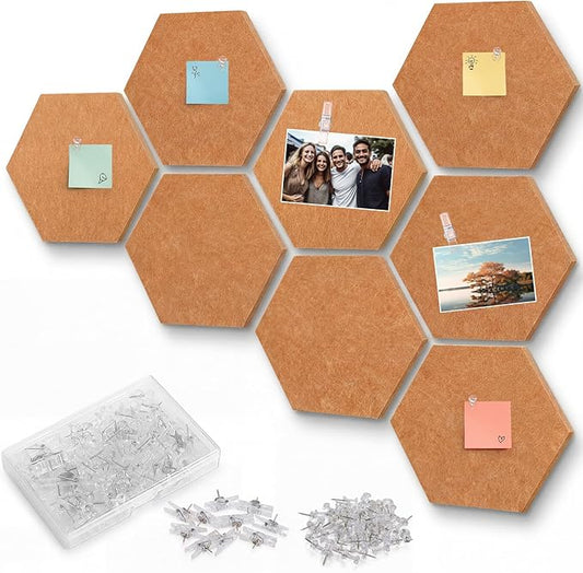 8 Pcs 12" Large Hexagon Felt Cork Board Tiles Self Adhesive DIY Bulletin Board Pin for Office Home Wall Decor Stickers Memos Photos Display with 10 Multi-Color Clip Drawing Pins(Yellow)