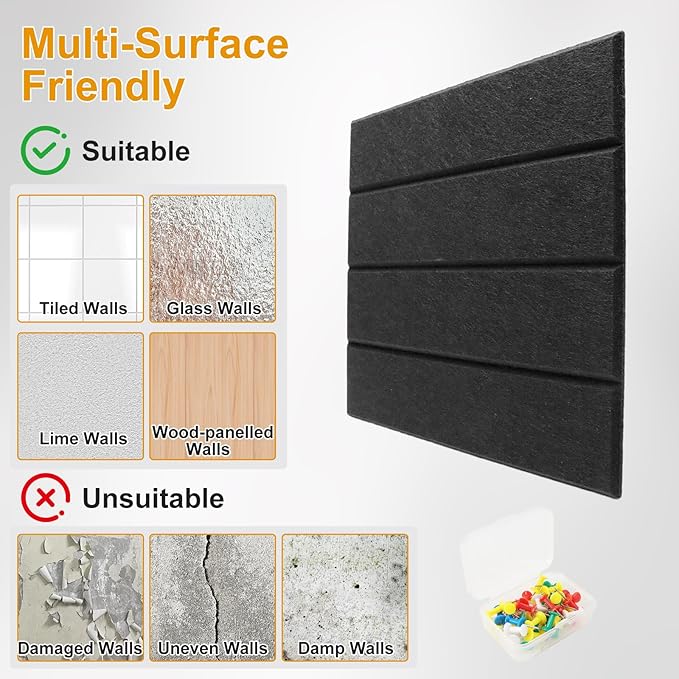 Large Cork Board Alternative,Felt Bulletin Board Tiles with 35 Pushpins,Black Bulletin Board, 12 Pack 12"X12"X0.4" Felt Cork Board Tiles with Self Adhesive for Office Pin Board, Home & Classroom