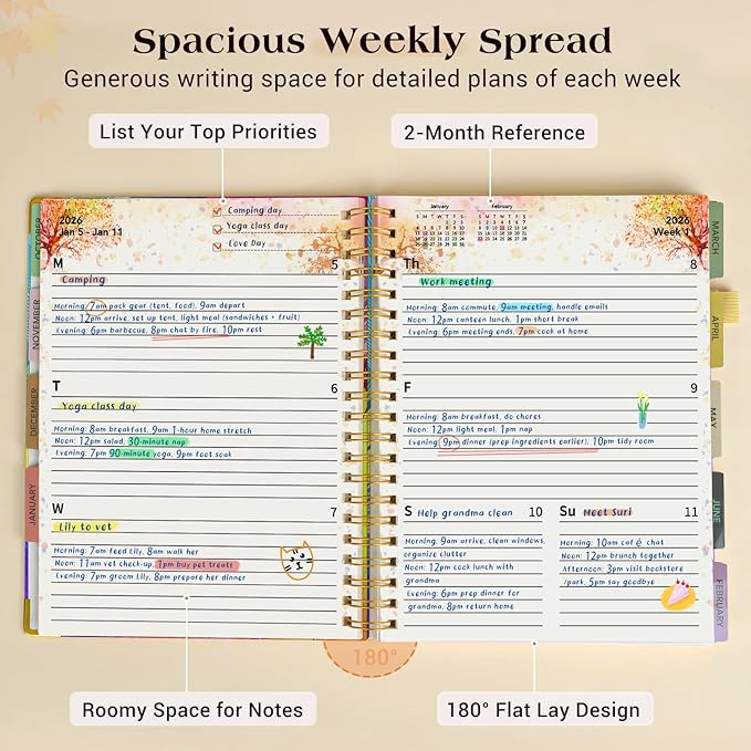 Planner 2026-2027, 18 Months Weekly and Monthly Daily Planner from January 2026 - June 2027, 5.75" x 8.38" A5 Hardcover Agenda Organizer Book 2026 with Tabs, Spiral Yearly Calendar Planners for School Work Home, Colorful Feather