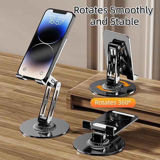 All-Metal Cell Phone Stand 360° Rotatable & Height Adjustable - 25KG Super Load-Bearing, Foldable Desk Stand for Phone & Tablet, Compatible with iPhone 17/16/15/14, Nintendo Switch, Silver