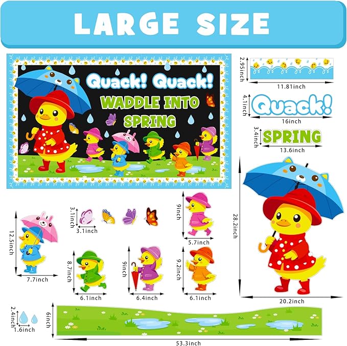 Spring Bulletin Board Decoration Set, Yellow Duck Quack Classroom Decorations Duck Butterfly Umbrella Cutouts March April Library School Nursery Home Window Wall Chalkboard Door Decor for Teacher