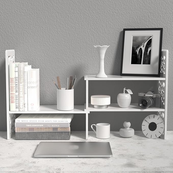 MASAKA B&W - Kawaii Storage Desktop Organizer for Your Desk Space, Double H Plants Display Shelf, Home Office Storage Rack Adjustable Stackable for Office, Dormitory (White*09)
