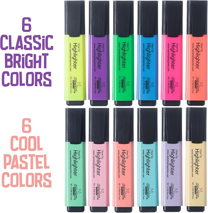 Apostrophe Games 12 Highlighters, Chisel Tip Assorted Color Set, Fluorescent and Pastel Colors - Dry-Quickly Non-Toxic Highlighter Markers, Office, School Supplies