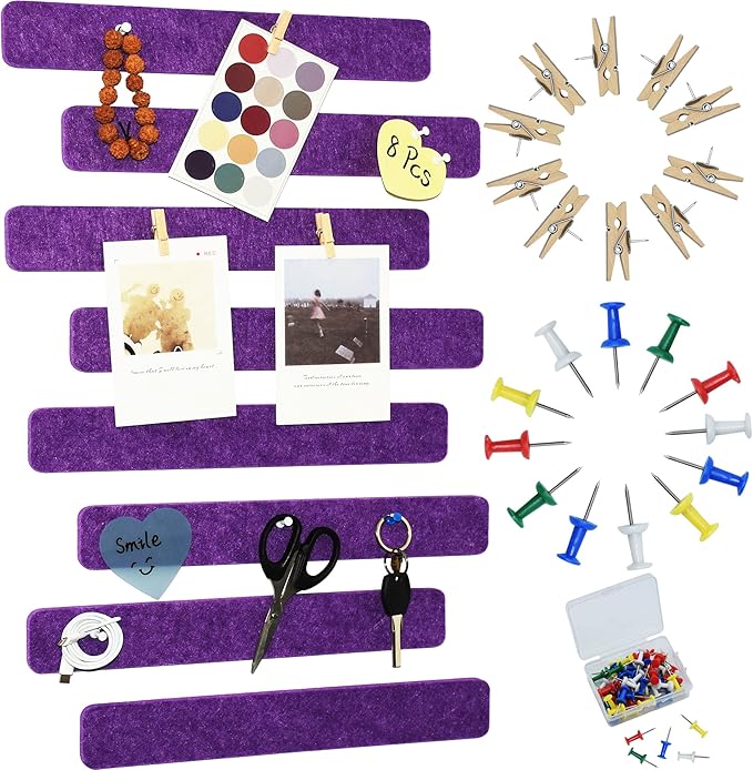 8Pcs Bulletin Board Strips, Purple Felt Pin Board Bar Strips with 50 Pushpins, Self-Adhesive Felt Cork Board Strips for Wall to Display Your Notes, Photos, Schedules, Announcements
