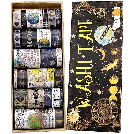Vintage Tarot & Celestial Washi Tape Set - 25 Rolls Astrology Style Decorative Tapes for Journaling, Scrapbooking,Junk Journal, DIY Craft，Bullet Journaling , Celestial Stickers with Beautiful Gift Box