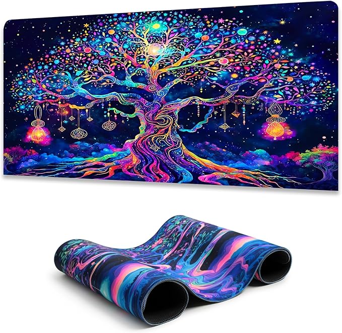 Manicer Colorful Tree of Life Mouse Pad, Blacklight Gaming Extended Large Desk Pad, UV Reactive Waterproof Long Keyboard Big Mouse Mat with 3mm Non-Slip Rubber Base for Office Home - 31.5" x 11.8"