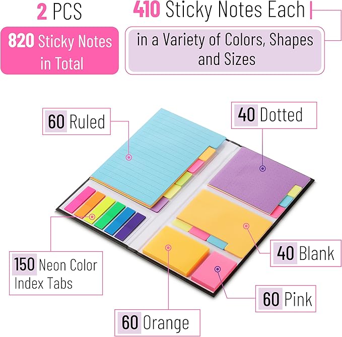 Mr. Pen- Sticky Note Set, 2 Sets, 820 pcs, Vibrant Colors, Sticky Notes Tabs, Divider Sticky Notes, Office Supplies