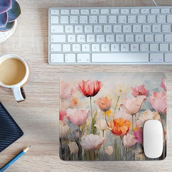 Spring Floral Mouse Pad,Tulip Flower Mouse Pads,Girly Desk Mat,Pretty Cottagecore Flower Desk Mat for Home Office Dorm Desktop Decor,10.2x8.3Inch