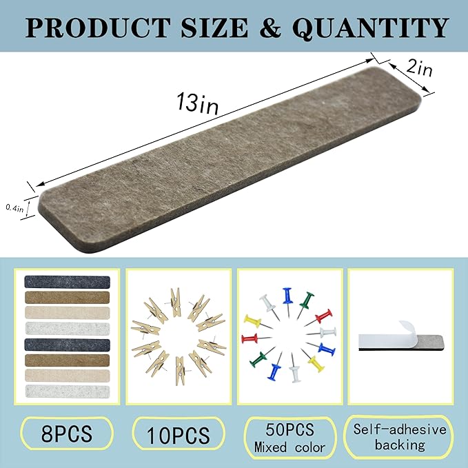 8Pcs Bulletin Board Strips,Black Brown Gray Felt Pin Board Bar Strips with 50 Pushpins, Self-Adhesive Felt Cork Board Strips for Wall to Display Your Notes, Photos, Schedules, Announcements