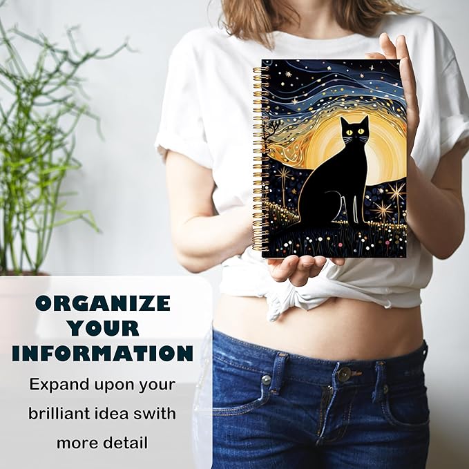 BearCake Starry Night Black Cat Notebook, Cat Gifts for Women Cat Lovers, Black Cat Gifts, Cat Journal, Cat Mom Gifts, Cat Lady Gifts, Cute Notebook, Hardcover Spiral Notebook 5.5x8.3
