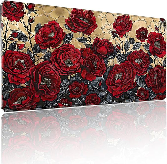 XXL Large Gaming Mouse Pad, 35.4 x 15.7 inches, with Non Slip Rubber Base, Extended Keyboard Pad for Home Computer Office Workstations, Large Laptop Mouse Pads Red Roses
