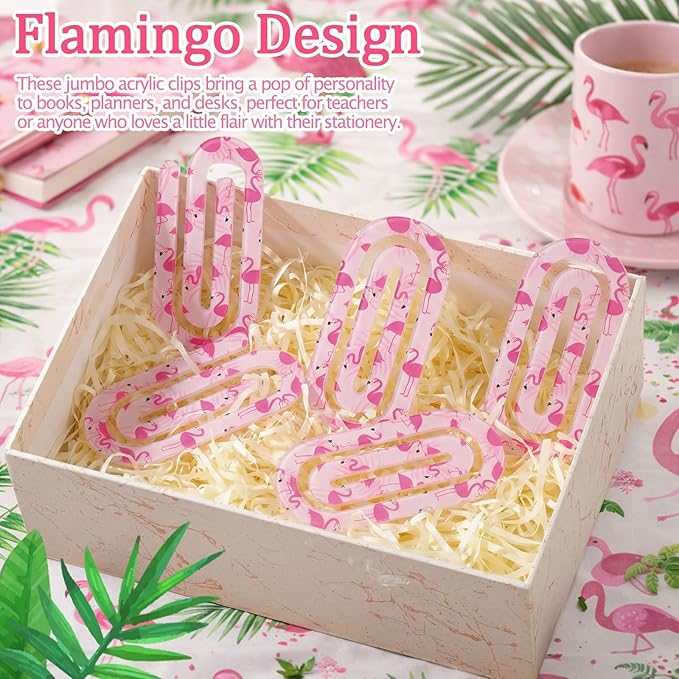 Tinlade 12 Pcs Flamingos Jumbo Acrylic Paper Clips 4 x 2 Inch Large Cute Pink Paperclips for Teachers Students Classroom Office Bookmark Gift Desk Home Accessories Book Lovers