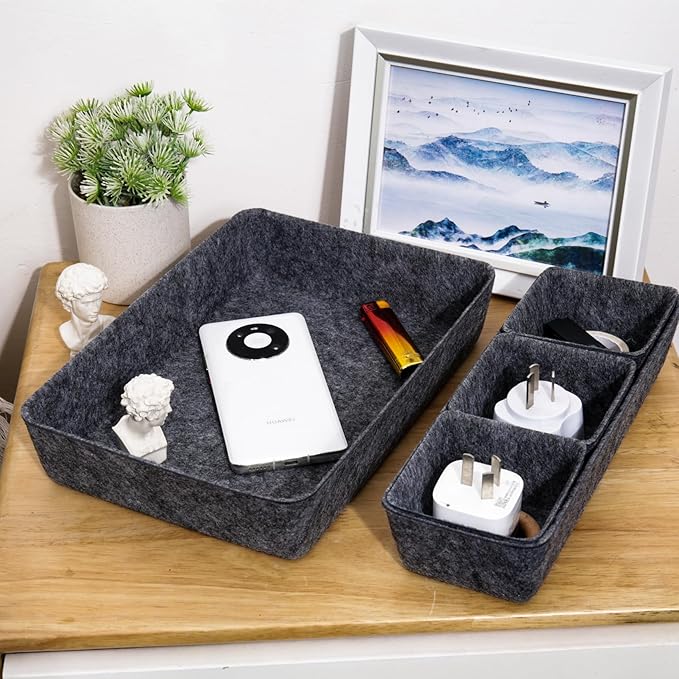 8pcs Drawer Organizer Bins, Felt Desk Organization Sets, Office Accessories & Workspace Organizers, Shallow Jewelry Makeup Storage Box Basket Shelf Containers Separators Inserts(Black)