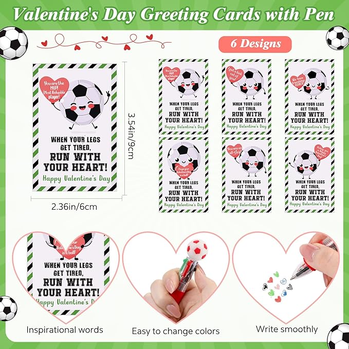 Colarr 24 Set Soccer Valentines Gifts Multicolor Pens with Positive Cards for Valentines Day Party Favors Classroom Prizes Soccer Team Goodie Bags Stuffers 4 in 1 Ballpoint Pens