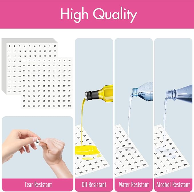 5000 Round Number Stickers, 50 Sheets Consecutive Vinyl Numbers Labels 1-100 Self-Adhesive Removable Dot Number Sticker for Indoor, Outdoor, Office, Classroom, Storage Organizing, Boxes (0.4”, White)