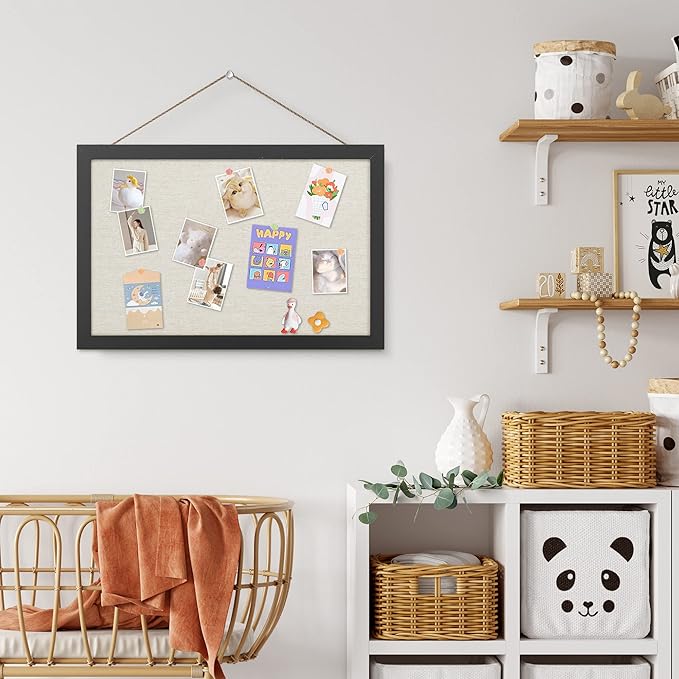 AKTOP Cork Board Bulletin Board with Linen 16.7" X 11", Small Framed Corkboard for Wall, Hanging Pin Board Picture Board for Home Office Decor, Cute Vision Board with 8 Pushpins (Classic Black)