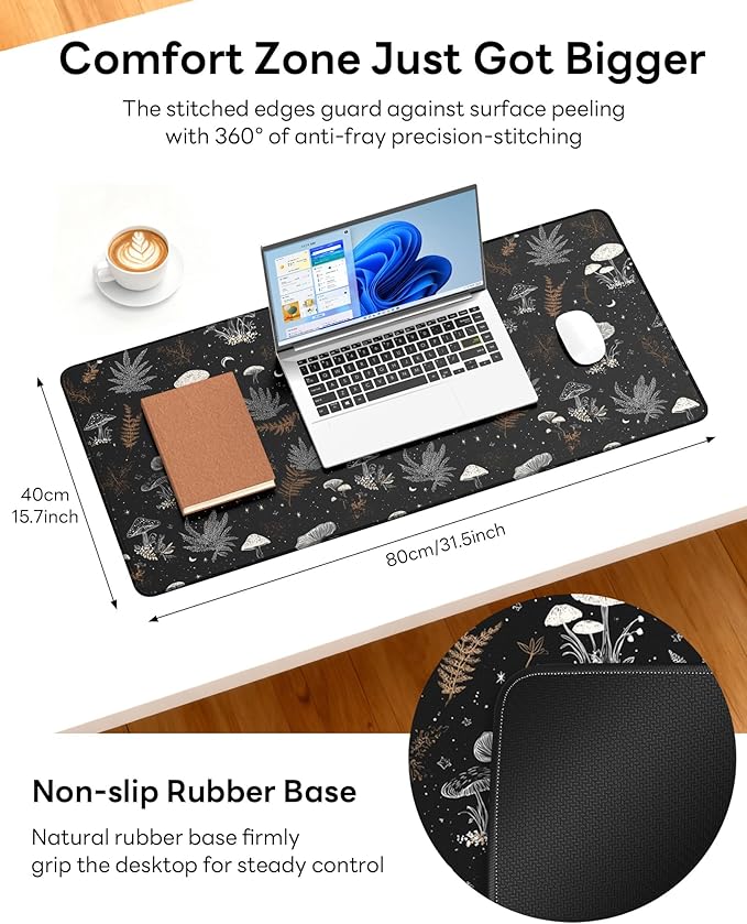 XL Gaming Mouse Pad, 31.5x17.5'' Large Desk Mat with Anti-Slip Rubber Base & Stitched Edges for Gaming, Office, Home - Black Art