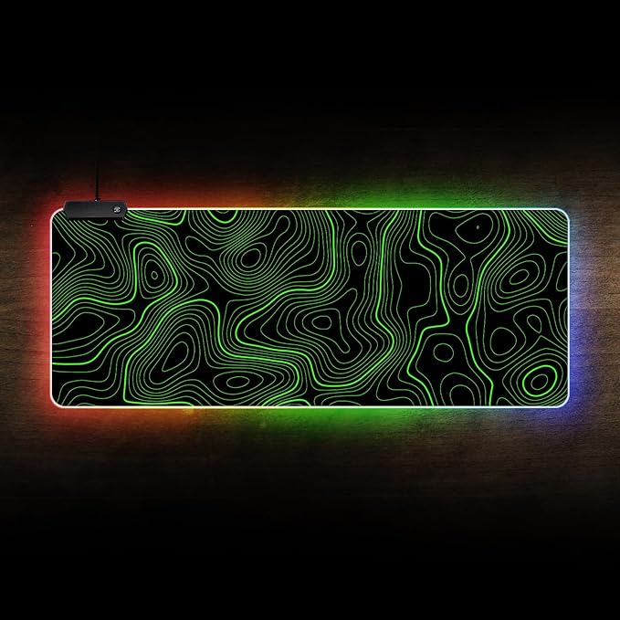 RGB Mouse Pad LED Desk Mat Large Gaming Mousepad Black and Green Line Design, Keyboard Pad XL Mouse Mat for Home and Office