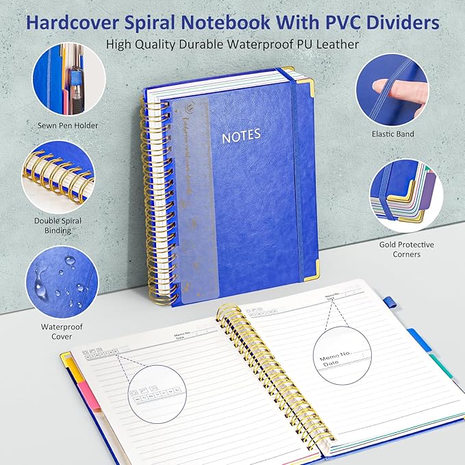 Hardcover Spiral Notebook Journal with Removable PVC Dividers - 8'' x 10'' Large 300 Pages B5 Hardcover Leather Lined Journals Notebook with Tab for Work Note Taking Office Home School Supplies, Blue