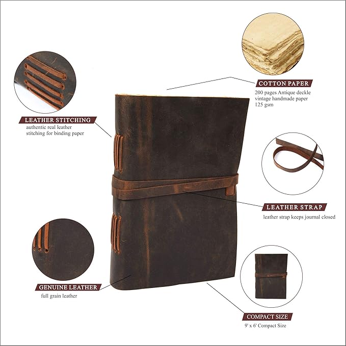 Leather Journal Travel Diary, Handmade Vintage Bound Notebook for Men & Women, Antique Finish, Genuine Buffalo Leather- Quality Unlined Paper Perfect for Notes, Art Sketchbook, 9X6 Inches, Brown