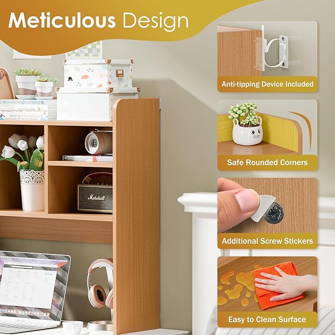 Nova Microdermabrasion Wooden Desktop Bookshelf with 6 Shelves–3-Tier Desk Organizer Hutch for Computer Desk, Home or Office (Natural)