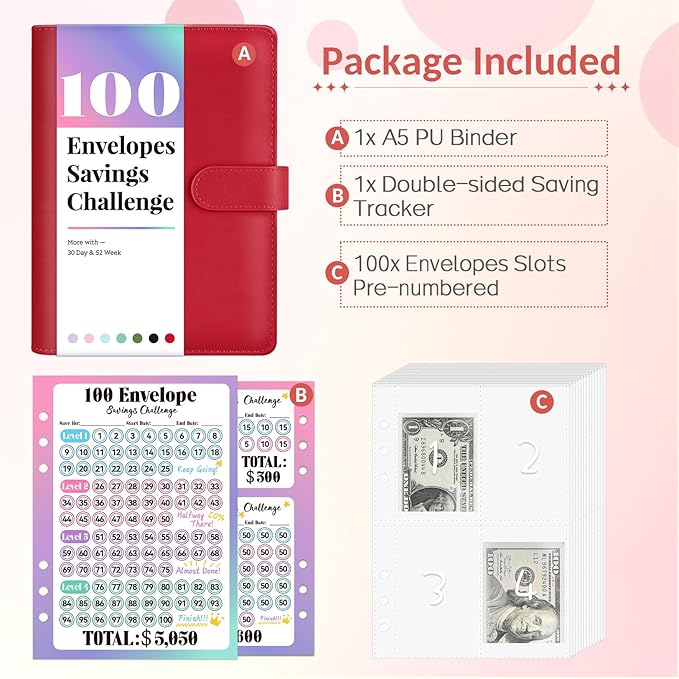 Sooez 100 Envelope Savings Challenge Book with 100 Pocket Pre-Numbered & Reusable Laminated Tracker