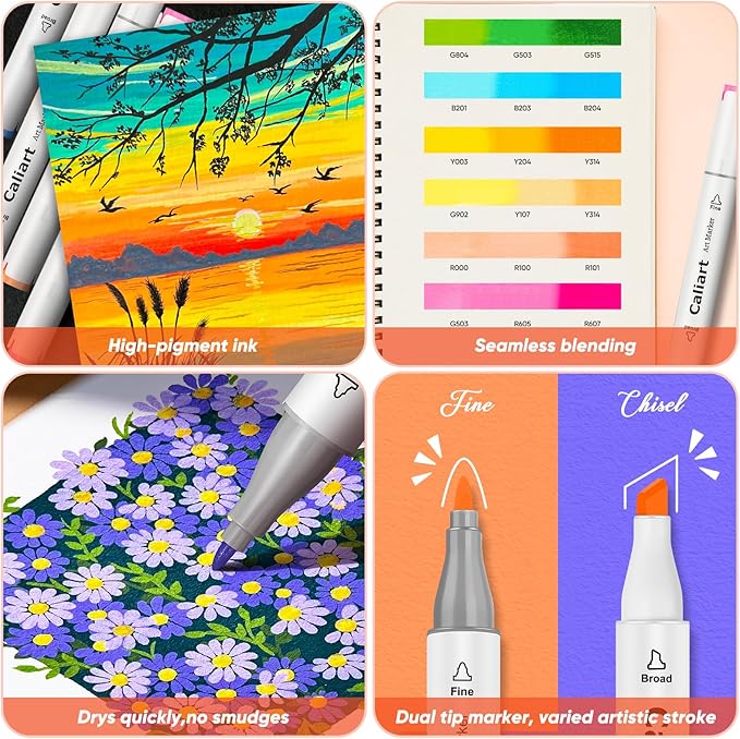 Caliart 121 Colors Alcohol Based Markers, Dual Tip Art Marker Set Chisel & Fine, Permanent Colored Pens for Adults Coloring Book Artists Sketch Illustration Drawing Supplies Gifts (Pack of 2)