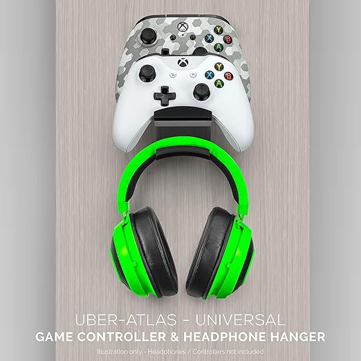 The UberAtlas Dual Game Controller & Headphone Stand Wall Mount Holder for Xbox ONE, Series X, PS5, PS4, PS3, Switch, STEELSERIES Gamepad & More, Stay Organized No Screws, by Brainwavz