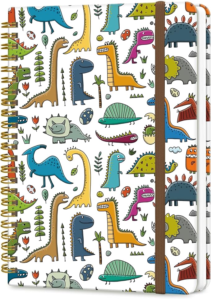 Spiral Journal Notebook, A5 Cute Notebooks for Women Men, College Ruled Hardcover Notebook for Work & Note Taking, 60 Pages Double-Wire Journals for Writing, Cute Dinosaurs