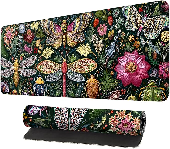 Desk Mat, XXL Extended Gaming Pad for Desktop, 31x12 Inches Butterflies and Dragonflies Garden Scene, Large Non-Slip Vegan Leather Keyboard Mouse Mat for Home Office