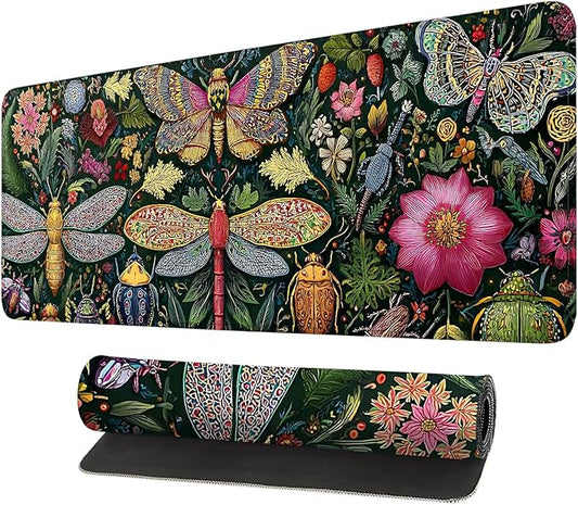 Desk Mat, XXL Extended Gaming Pad for Desktop, 31x12 Inches Butterflies and Dragonflies Garden Scene, Large Non-Slip Vegan Leather Keyboard Mouse Mat for Home Office