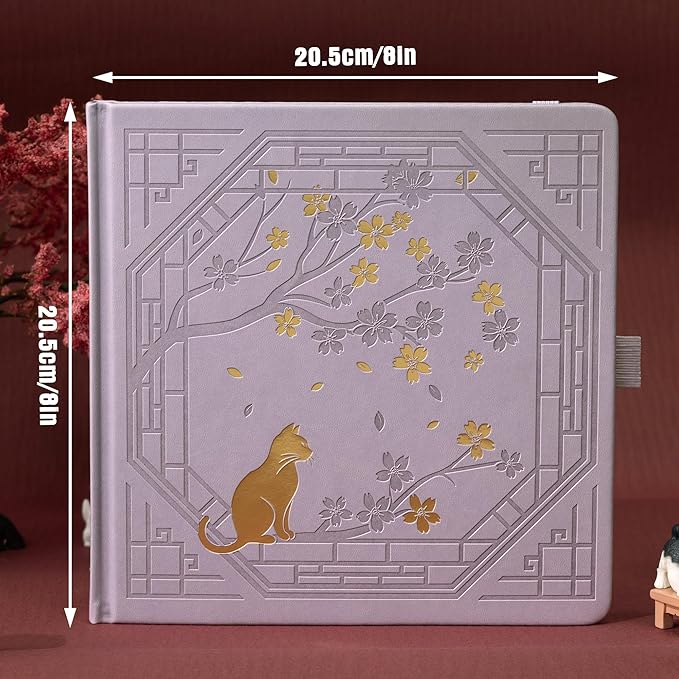 TIEFOSSI Square Dotted Journal, Cute Cat Journal for Women Girls, Dot Notebook with Pretty Sakura Pattern, Aesthetic Diary for Writing Journaling Drawing, Golden Edges, 8 x 8 IN