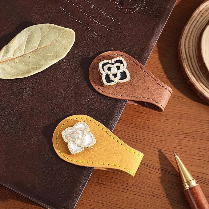 2PCS Magnetic Bookmarks with Pen Clip, Leather Bookmarks for Women, Magnetic Pen Holder Book Accessories, Four-Leaf Rose