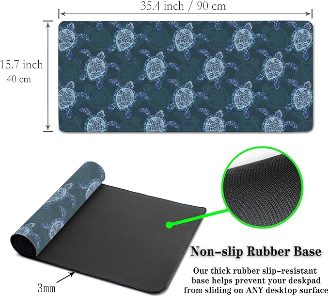 Computer Desk Mat Blue Mats, Gaming Mouse Pads Big Mouse Pad, Desk Pads Large Non-Slip Rubber Base Waterproof with Stitched Edges, 35.4 X 15.7 inch for Work/Game/Office/Home Turtle Pattern