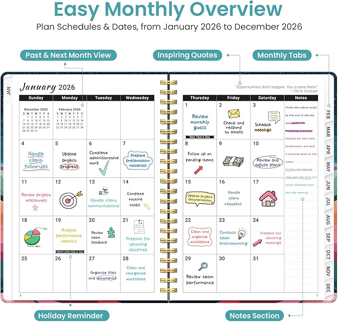 2026 Planner, Weekly and Monthly Planner for Women, January 2026 to December 2026, Pretty Hardcover 2026 Calendar Planner Book with Tabs, Inner Pocket, Spiral Bound, Perfect Office Home School Supplies - 6.3" x 8.5", Painted Horizon