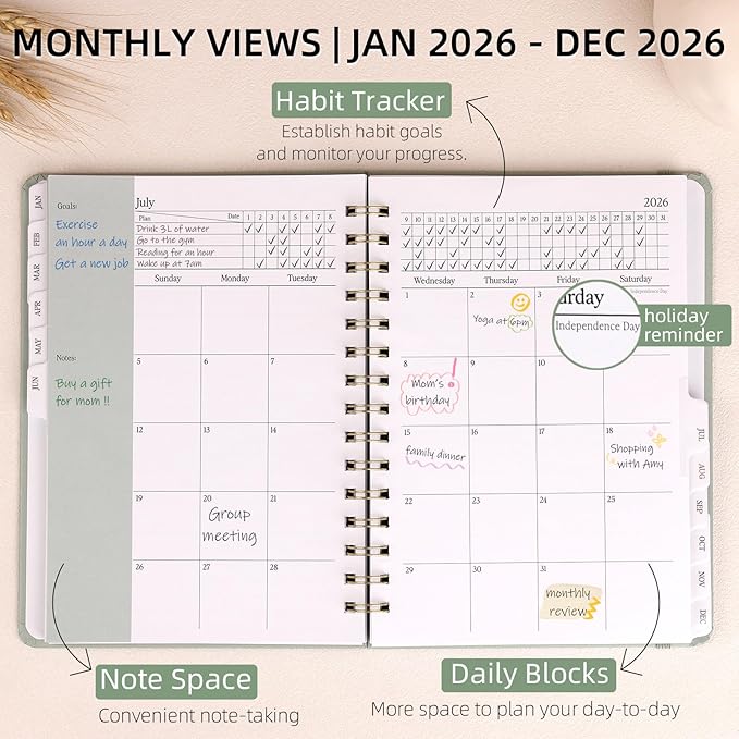 2026 Planner - Weekly and Monthly Planner, January 2026 - December 2026, Hardcover, 2026 Calendar Planner Book with Tabs, Aesthetic, Perfect for Office Home School Supplies (Sage Green, A5 (Jan 2026-Dec 2026))