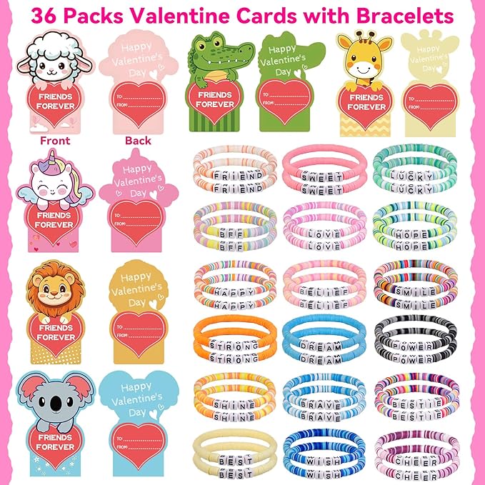 CZWZ 36 Pack Valentine's Day Cards for Kids School Bulk, 18 Styles Friendship Bead Bracelets with Class Valentines Day Gifts Animal Design Valentines Cards for Kids Classroom