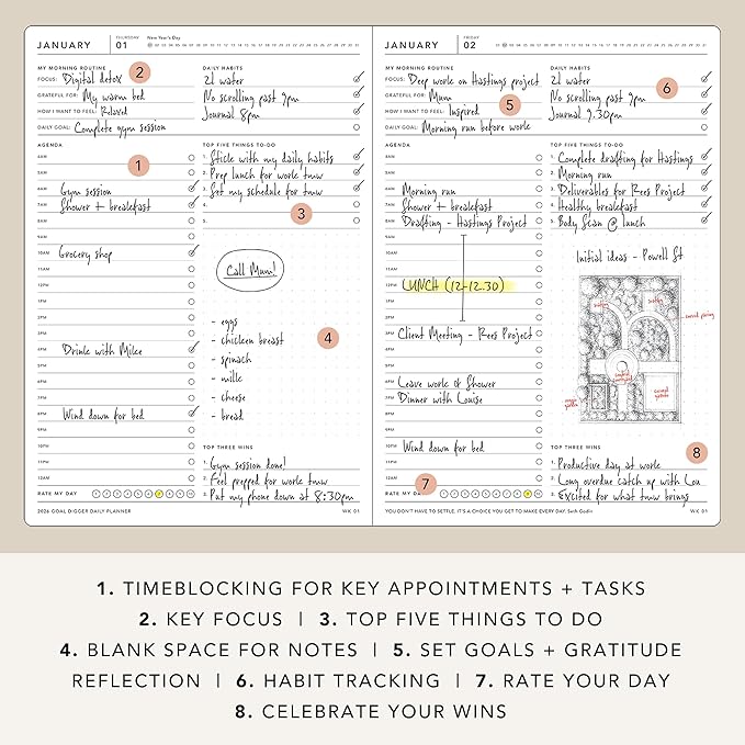 MI GOALS Goal Digger Daily Planner 2026 | Dated Journal for Gratitude, Progress & Habit Tracking | Day-To-A-Page B5 (Element Blue)